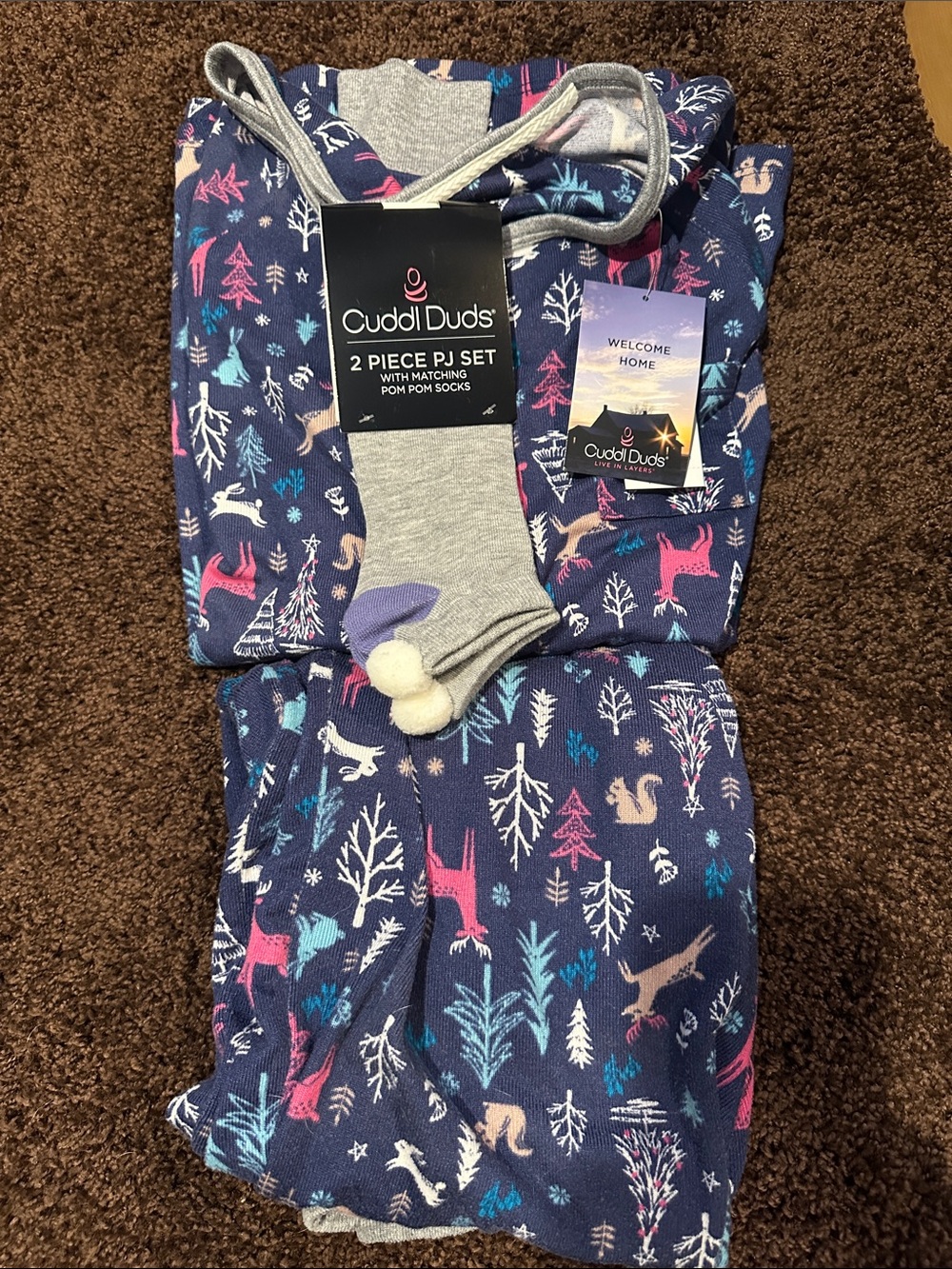 Cuddl Duds Navy Woodland 2-Piece Pajama Set with Gray Pom Pom Socks